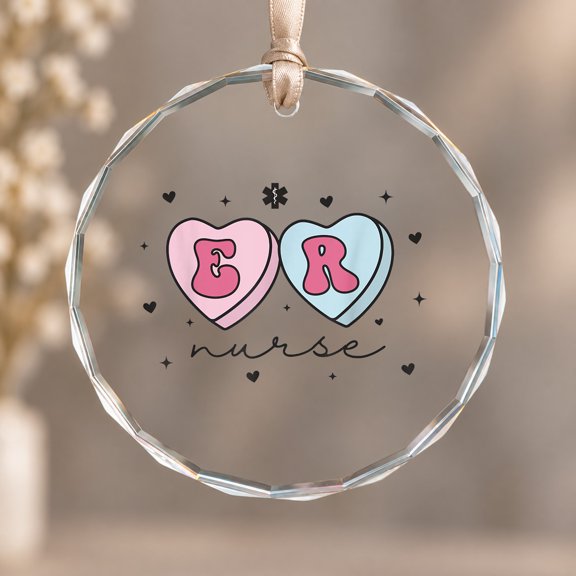 ER Nurse Valentines Day Heart Candy Emergency Department ED Theme Ornament, Desk Decor, Circle Glass Ornament
