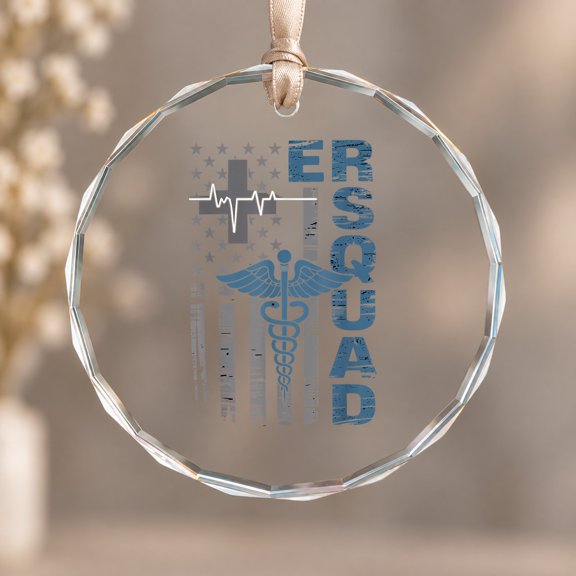 ER Squad Flag Emergency Nurse Medical Gifts Men Women Theme Ornament, Keepsake Decor, Circle Glass Ornament
