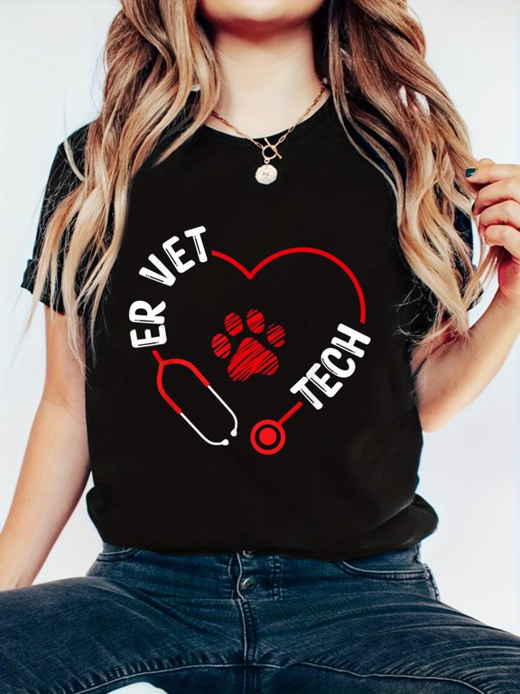 ER Vet Tech Appreciation Stethoscope Veterinary Technician T-Shirt - Soft 100% Cotton, Breathable, Casual Short Sleeve Top for Spring & Summer for T-Shirt Lovers