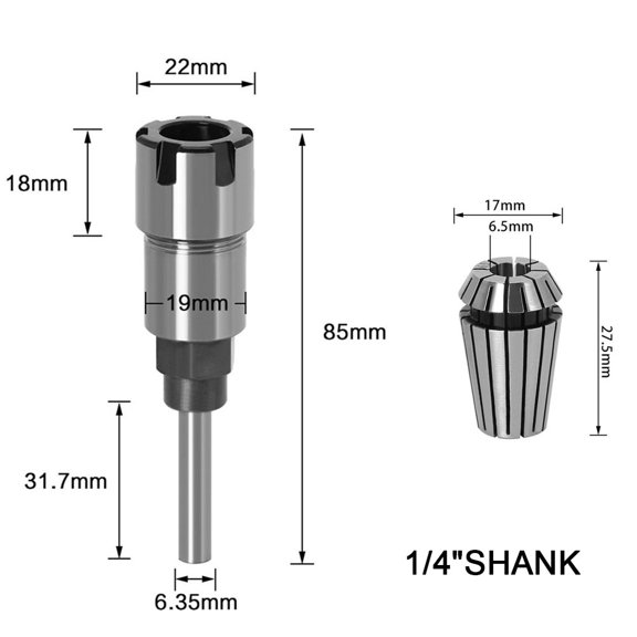 ER16 Collet Extension Rod 1/4 Inch To 1/4 Inch Shank Router Adapter With 6.5mm Spring Collet Carbon Steel Drill Bit Holder 3.3 Inch Reach For CNC Woodworking Router Machining Tools