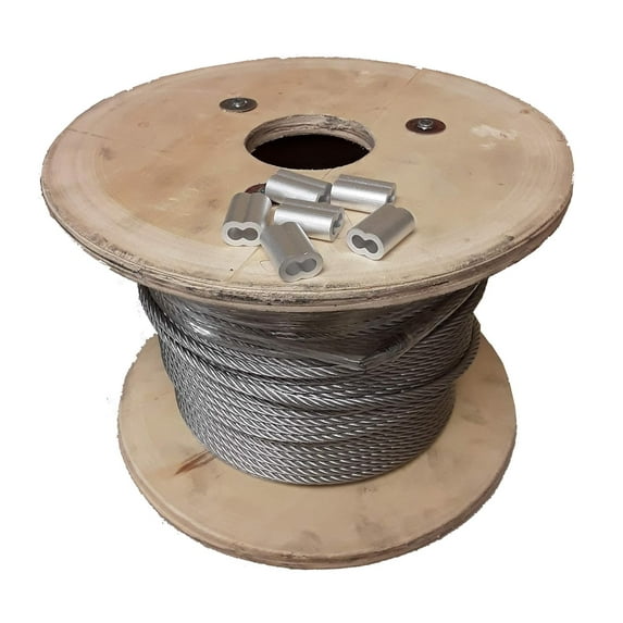 7x19 Galvanized Aircraft Cable Wire Rope 5/16" 200 ft with 5/16" Aluminum Sleeves - 6 Sleeves