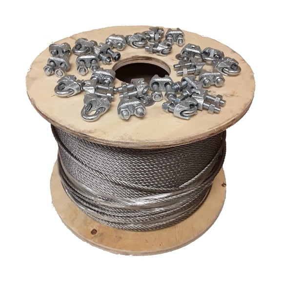 7x19 PVC Galvanized Cable Wire Rope 1/8" - 3/16" 500 ft with 3/16" Cable Clamps Clips - 25 Clamps