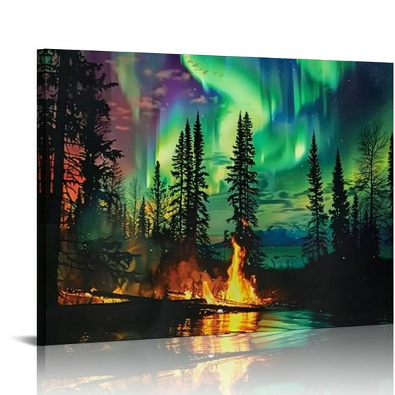ERAPDAUR  Aurora Borealis Canvas Wall Art Northern Wall Decor Snow Mountain Lake Forest Bonfire Pictures Large Living Room Decor 20x16in