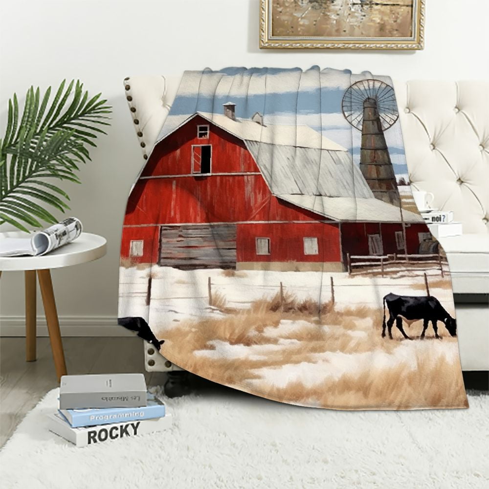 ERAPDAUR Barn Windmill Cows Print Flannel Throw Blanket - Soft Blanket ...