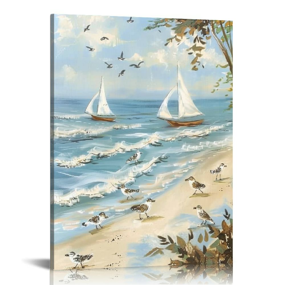 ERAPDAUR Bathroom Beach Canvas Wall Art Coastal Sea Bird Painting