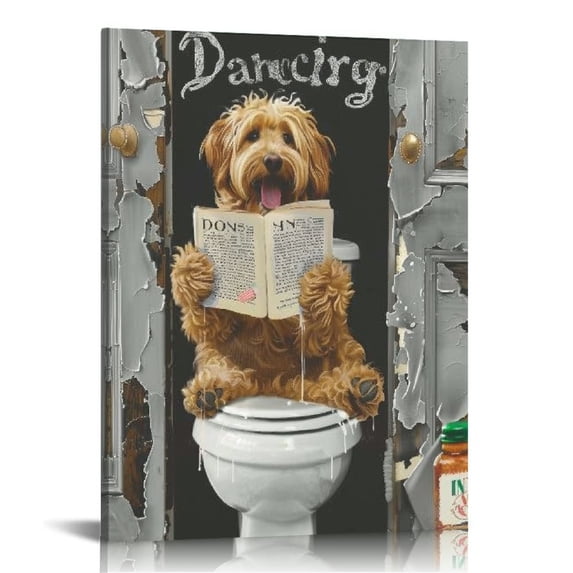ERAPDAUR Bathroom Decor Canvas Wall Art Funny Dog Sitting in Toilet Pictures Black and White Animals Wall Decor Farmhouse Bathroom Painting for Bathroom Toilet Artwork 16x20 in