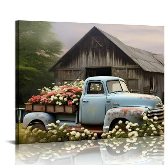 ERAPDAUR Farmhouse Truck Wall Art, Old Truck Canvas Wall Art Prints, Rustic Country Pictures, Vintage Blue Old Pickup Car Truck Flower Paintings for Living Room Bathroom Bedroom Wall Decor 20x16in