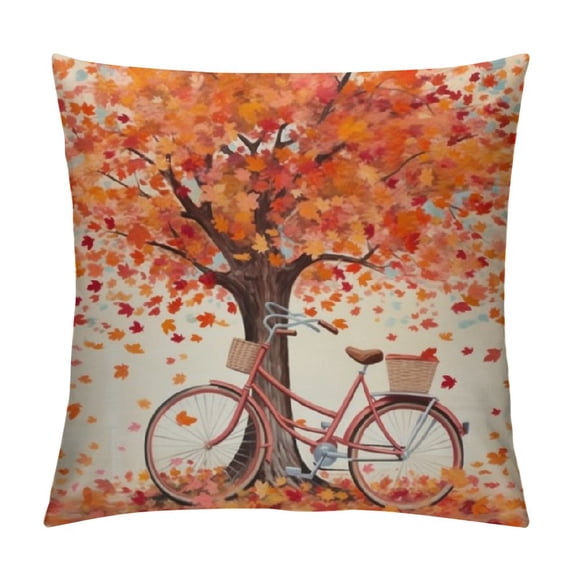 ERAPDAUR Festival Gifts Autumn Watercolor Maple Tree Bicycle Harvest Decorative Home Sofa Chair Car Square Throw Pillow Cover Throw Pillow Case Cushion Cover 18x18in