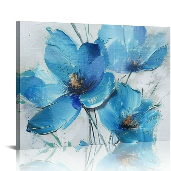 ERAPDAUR Flowers Canvas Wall Art Blue Lotus Painting Grey Abstract Artwork Living Room Textured Picture, Modern Florals Print Large for Bedroom Bathroom Kitchen Office Home Decor 16x12in