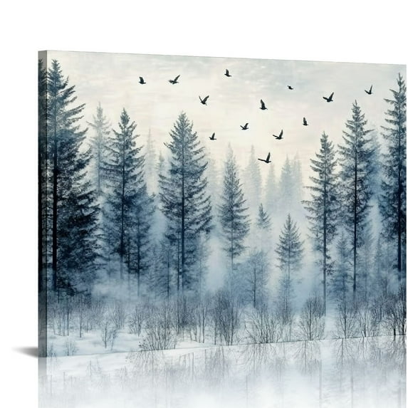 ERAPDAUR Indigo Winter Forest Wall Art - Misty Snowy Forest Pictures for Living Room Bedroom Home Decor Foggy Snow Coverd Trees Flying Birds Canvas Painting Artwork Wall Decoration 16x12in