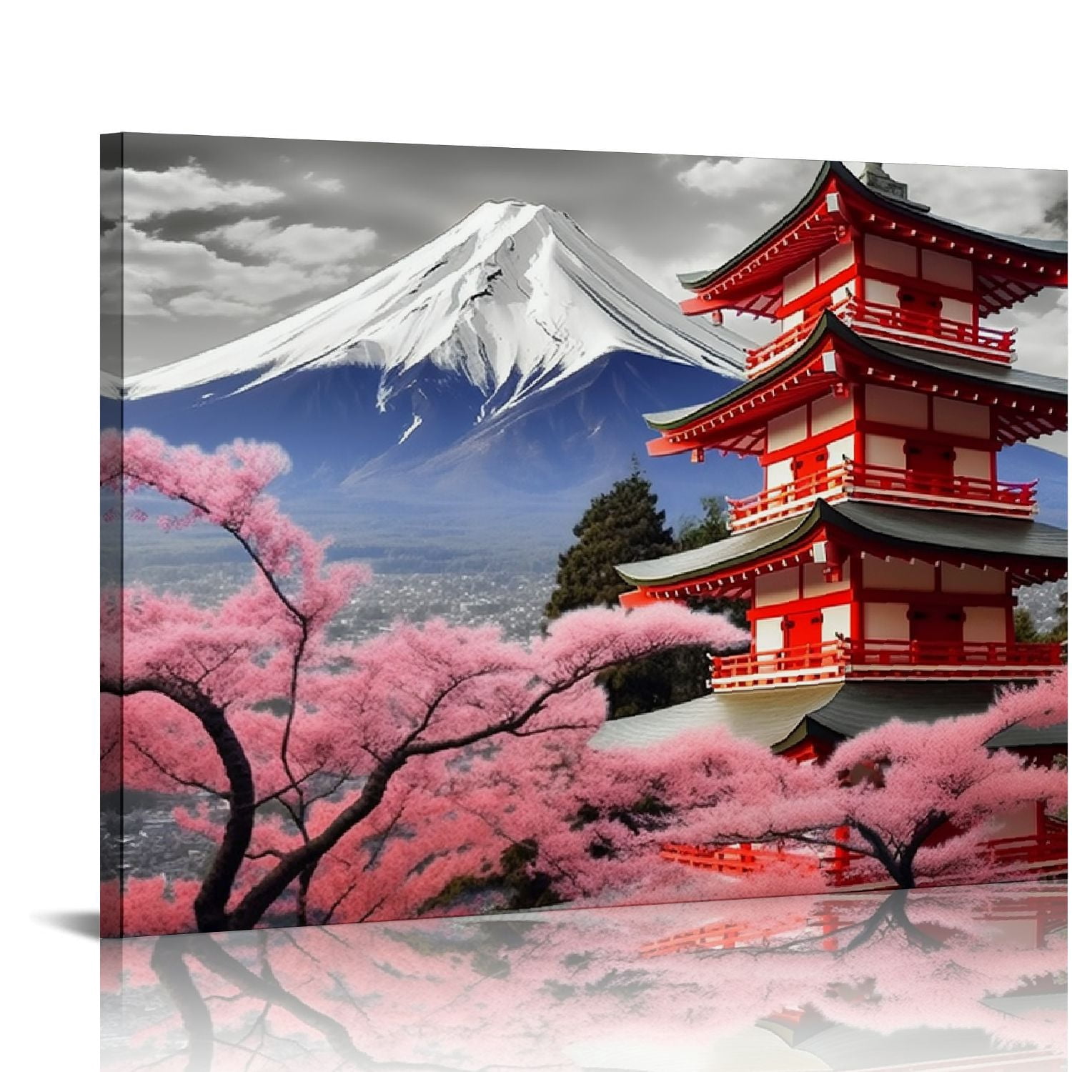 Japanese Canvas Wall Art - Blooming Cherry Trees & Mount Fuji Landscape Painting, 24x36 Inches, Framed Ready To Hang - View #12
