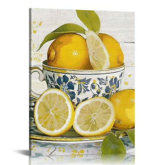 ERAPDAUR Lemon Wall Art Farmhouse Yellow Kitchen Wall Decor Fruit Summer Paintings Lemon Tea Cup with Flower Pictures Artwork Living Room Dining Room Pantry 12x16 in
