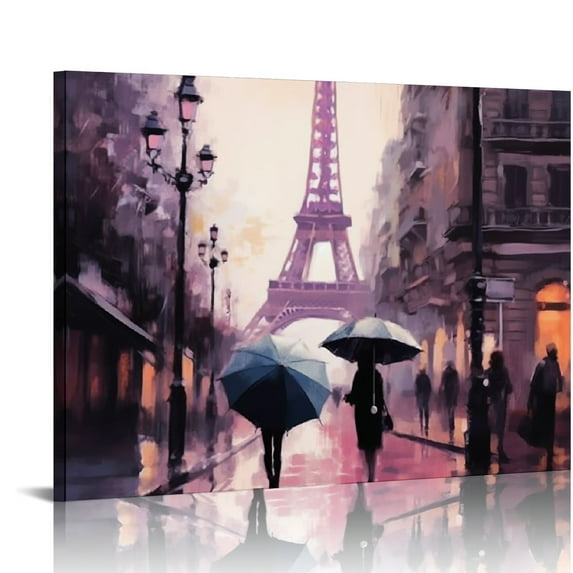 ERAPDAUR Pink Paris Canvas Wall Art Girl Bedroom Oil Painting Paris Eiffel Tower Street View Picture Print for Home Office Decor Umbrella Landscape Artwork Bathroom Wall Decor 16x12in