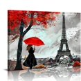 thumbnail image 1 of ERAPDAUR  Romantic Couple Walking in The Rain Eiffel Tower Red Tree Canvas Black and White Painting Wall Art Poster Modern Home Decor for Living Room Bedroom Ready to Hang 20x16in, 1 of 6