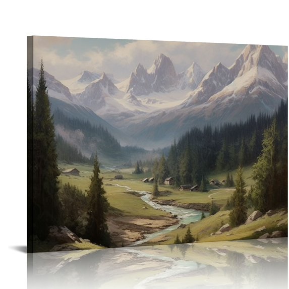 ERAPDAUR  Rustic Mountain Painting Vintage Landscape Wall Art Canvas Prints Classic Art Forest Tree Pictures for Wall Decorations Vintage Room Decoration for Living Room Bedroom 20x16in