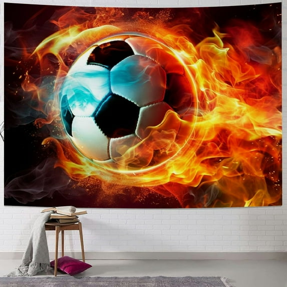 ERAPDAUR Sports Football Tapestry Wall Hanging, Abstract Soccer Ball in Fire and Ice Wall Tapestry Art for Home Decorations College Dorm Decor Living Room Bedroom Bedspread 40x60inch