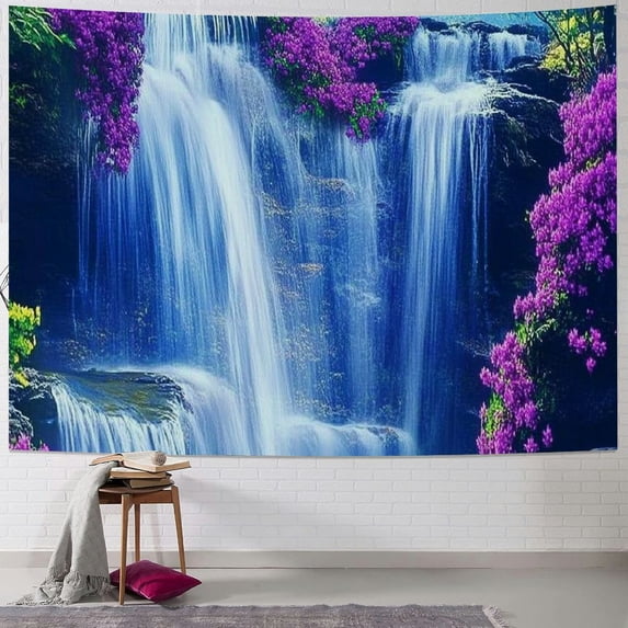 ERAPDAUR Waterfall Tapestry Purple Forest Wild Flowers Floral Mountain Jungle Plants Nature Landscape Wall Hanging Bedroom Living Room Hanging Decorative Blanket 40x30inch