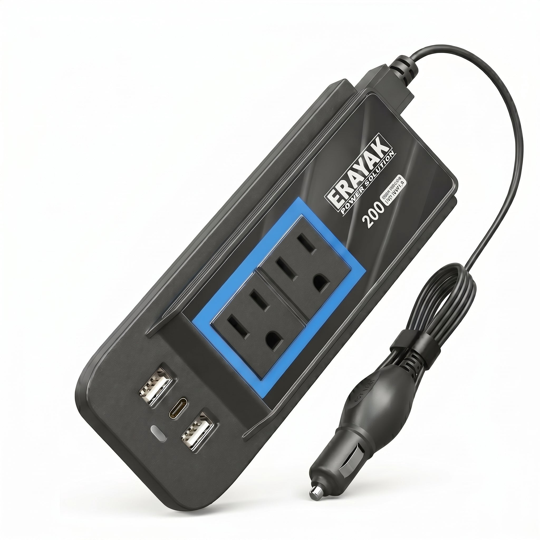 ERAYAK 200W Cigarette Lighter Adapter Car Power Inverter DC 12V to 110V with 110V AC Outlet  Premium Car Accessory USB C Fast Charger for Road Trips