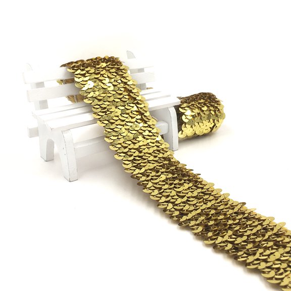 ERDOUY 1.89 Inch x 10.94 Yard Elastic Sequin Trim Ribbon, Shiny Spangle Strip, Versatile Decorative Ribbon for DIY Crafts, Sewing Projects & Gift Packaging, Gold
