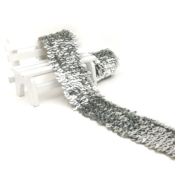 ERDOUY 1.89 Inch x 10.94 Yard Elastic Sequin Trim Ribbon, Shiny Spangle Strip, Versatile Decorative Ribbon for DIY Crafts, Sewing Projects & Gift Packaging, Silvery