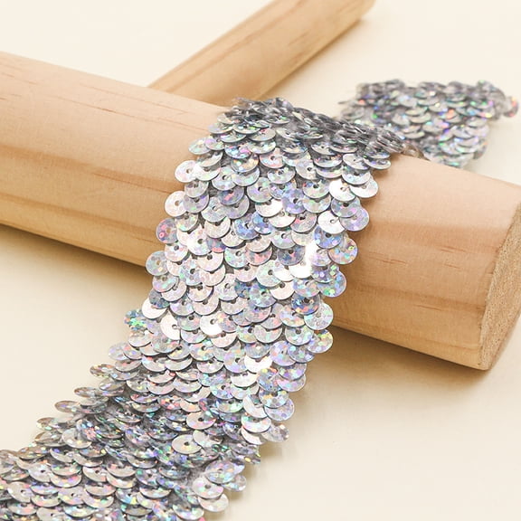 ERDOUY 1.89 Inch x 10.94 Yard Elastic Sequin Trim Ribbon, Shiny Spangle Strip, Versatile Decorative Ribbon for DIY Crafts, Sewing Projects & Gift Packaging, Silver B