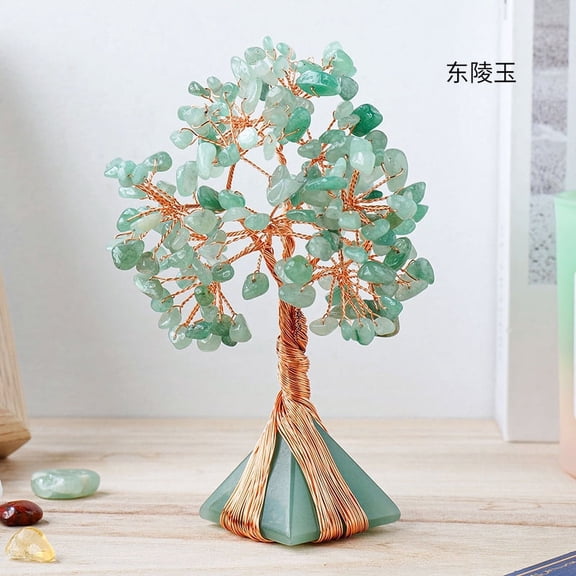 ERDOUY 1 piece green natural crystal crushed stone life tree ornament, pyramid shaped natural stone base colored crushed stone life tree home decoration