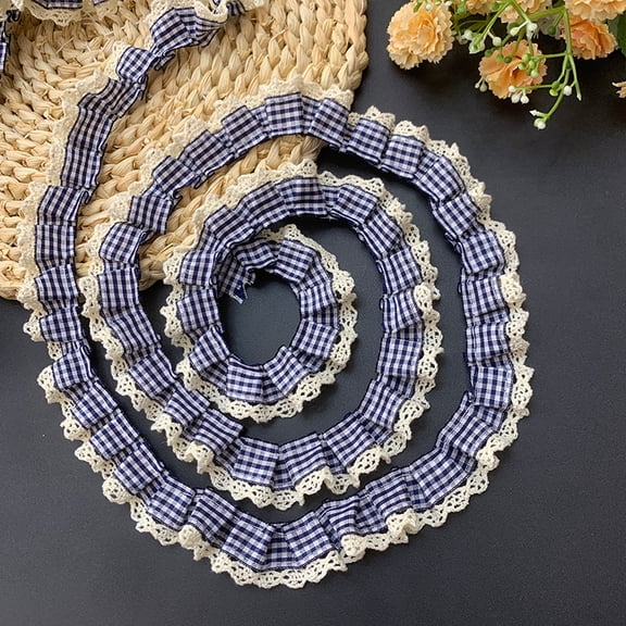 ERDOUY 10 Yards Gingham Pleated Lace Trim, 0.98" Buffalo Plaid Checkered Woven Ribbon, Ruffle Organza Mesh Fabric Edging for Sewing Dress & Craft Embellishments, Dark Blue