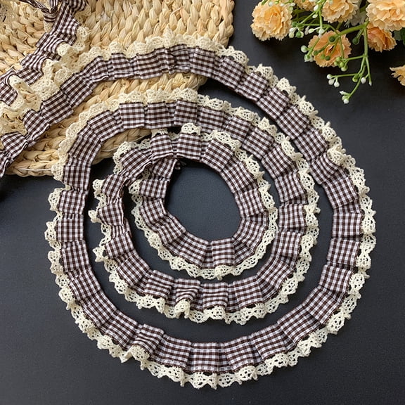 ERDOUY 10 Yards Gingham Pleated Lace Trim, 0.98" Buffalo Plaid Checkered Woven Ribbon, Ruffle Organza Mesh Fabric Edging for Sewing Dress & Craft Embellishments, Coffee Color