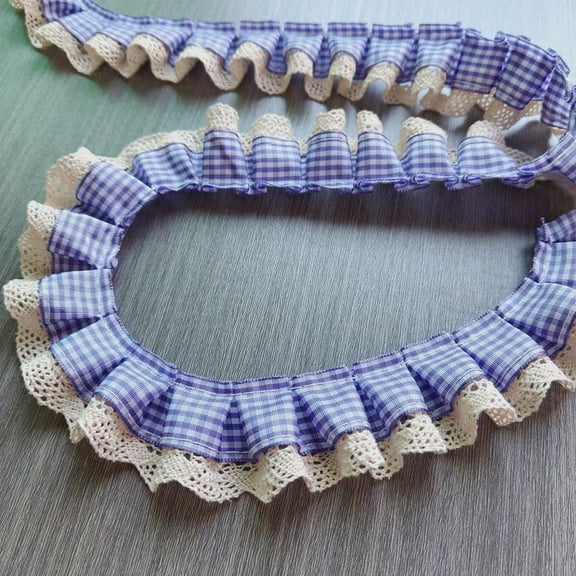 ERDOUY 10 Yards Gingham Pleated Lace Trim, 1.38" Buffalo Plaid Checkered Woven Ribbon, Ruffle Organza Mesh Fabric Edging for Sewing Dress & Craft Embellishments, Purple