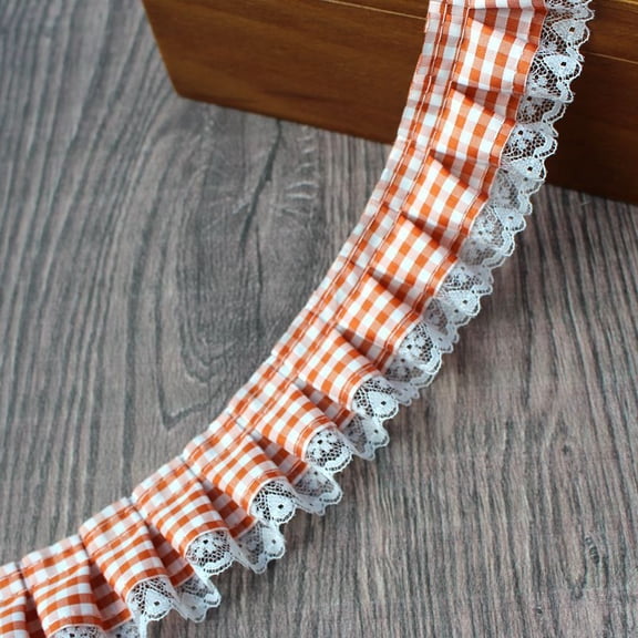 ERDOUY 10 Yards Gingham Pleated Lace Trim, 1.97" Buffalo Plaid Checkered Woven Ribbon, Ruffle Organza Mesh Fabric Edging for Sewing Dress & Craft Embellishments, Orange