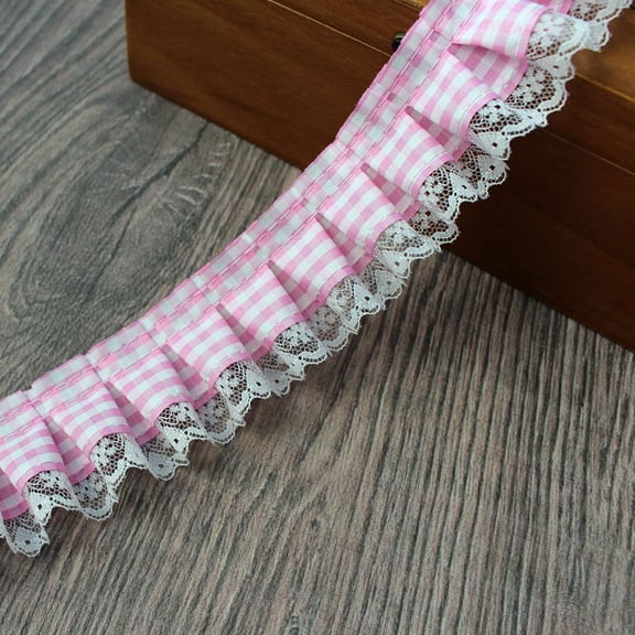 ERDOUY 10 Yards Gingham Pleated Lace Trim, 1.97" Buffalo Plaid Checkered Woven Ribbon, Ruffle Organza Mesh Fabric Edging for Sewing Dress & Craft Embellishments, Pink