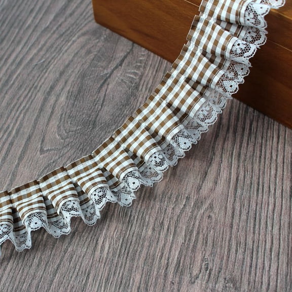 ERDOUY 10 Yards Gingham Pleated Lace Trim, 1.97" Buffalo Plaid Checkered Woven Ribbon, Ruffle Organza Mesh Fabric Edging for Sewing Dress & Craft Embellishments, Coffee Color