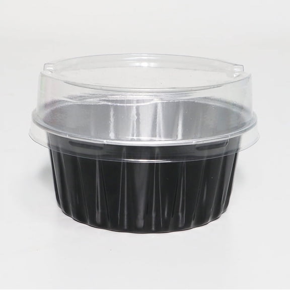 ERDOUY 100 Pack Mini Disposable Cake Pans, Aluminum Foil Circular Baking Cups, 3.3x3.3 Small Baking Cake Tins Cup Cake Containers with Lids for Individual Cakes (Black)