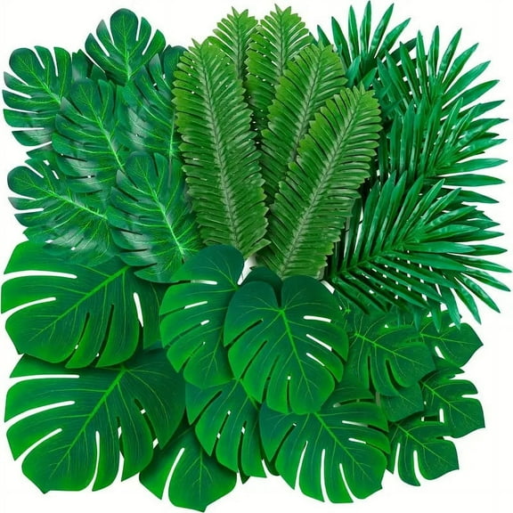ERDOUY 108 pieces of artificial palm leaves, 6 sizes of green fake palm leaves with stems, used for decorating jungle banquets, weddings, birthdays, and themed parties in wildlife parks