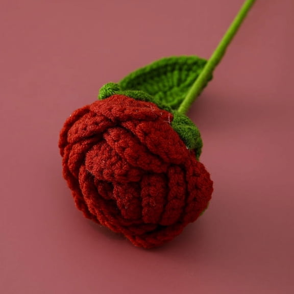ERDOUY 10pcs Wool Crochet Rose Handmade Faux Flowers Artificial Long Stem Rose, Wedding Centerpieces Bridal Bouquets Shower Arrangement Decoration Valentines Gift Fake Rose Wine red