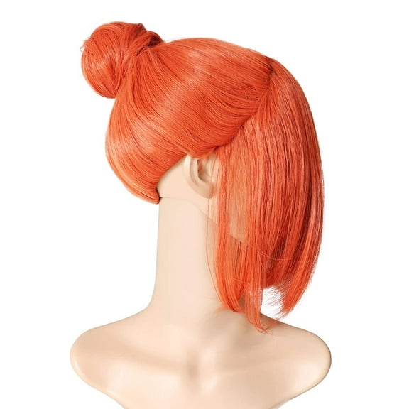 ERDOUY 13" Synthetic Orange Hair Short Straight Bob wig with Bangs with One Hair Bun Wig Heat Resistance Fiber Wig for Daily Use, Cosply, Parties and Halloween
