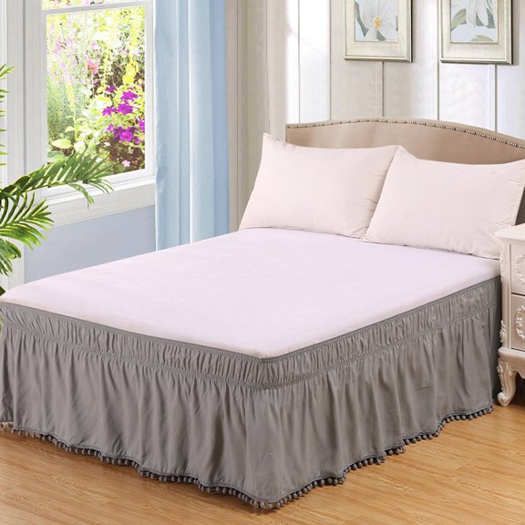ERDOUY 15in Drop Easy-Install Queen Bed Skirt, 60*80in Soft Ruffled Dust Ruffle, Durable Ball Light Grey 1 Piece Bedroom Decor
