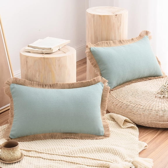 ERDOUY 2 pcs Cotton Linen Solid Throw Pillow Covers with Fringe Farmhouse Decorative(Blue, 12"x20")