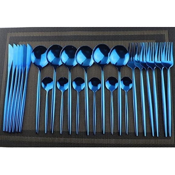 ERDOUY 24-Piece Silverware Set - Stainless Steel Reusable Utensils Forks Spoons Knives Set, Mirror Polished Cutlery Flatware Set, Great for Family Gatherings & Daily Use (6 set, Blue)