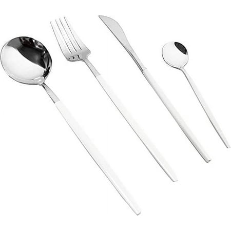 ERDOUY 24-Piece Silverware Set - Stainless Steel Reusable Utensils Forks Spoons Knives Set, Mirror Polished Cutlery Flatware Set, Great for Family Gatherings & Daily Use (6 set, White Handle)