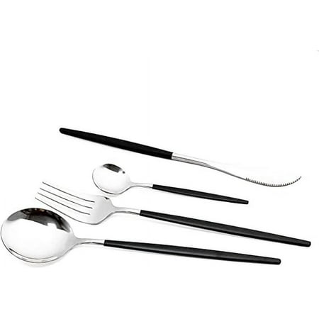 ERDOUY 24-Piece Silverware Set -Stainless Steel Reusable Utensils Forks Spoons Knives Set, Mirror Polished Cutlery Flatware Set, Great for Family Gatherings & Daily Use (6 set, Black Handle Silver)