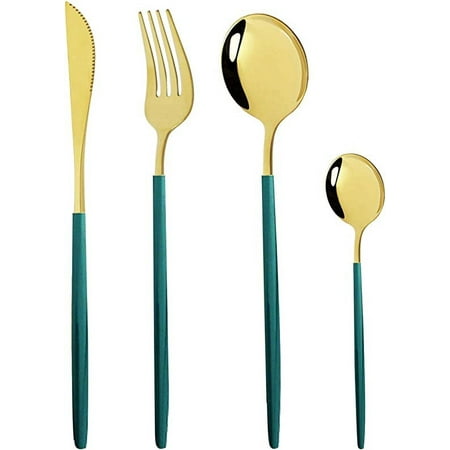 ERDOUY 24 pieces Silverware Set - Stainless Steel Reusable Utensils Flatware Set, Mirror Cutlery Green Gold Flatware Set, Great for Family Gatherings & Daily Use (Service For 6)