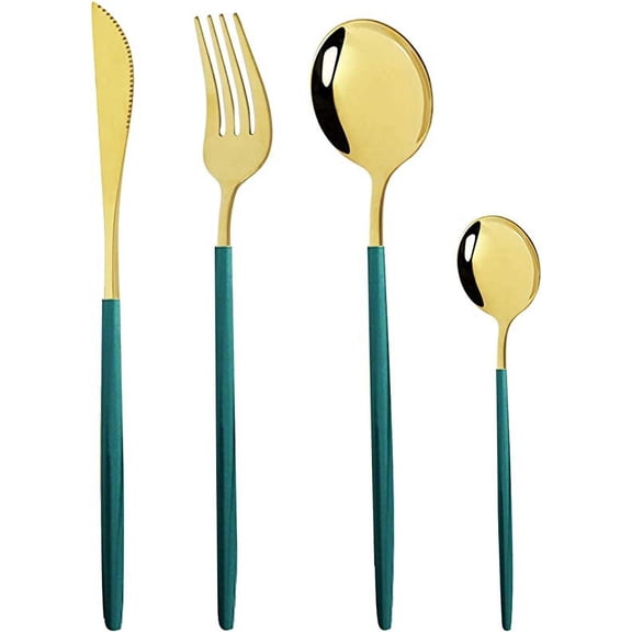 ERDOUY 24 pieces Silverware Set - Stainless Steel Reusable Utensils Flatware Set, Mirror Cutlery Green Gold Flatware Set, Great for Family Gatherings & Daily Use (Service For 6)