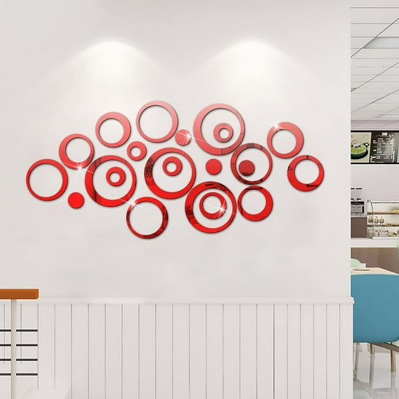 ERDOUY 24Pcs Circle Mirror Wall Stickers, Acrylic Stickers,6 Sizes Removable Mirror Stickers,Decorate Living Room and Bedroom,Red