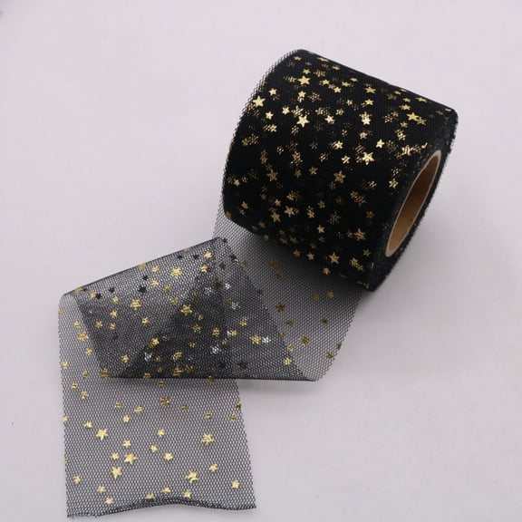 ERDOUY 25 Yards Hot Stamping Moon Stars Fabric Tulle Roll Ribbon 6cm Wide for Decoration Christmas Gift Packing Craft Ribbon for Gift Wrappping Decoration-Black