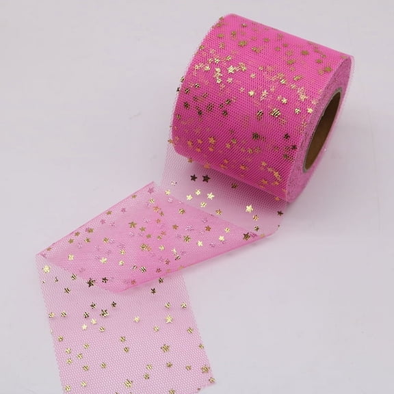 ERDOUY 25 Yards Hot Stamping Moon Stars Fabric Tulle Roll Ribbon 6cm Wide for Decoration Christmas Gift Packing Craft Ribbon for Gift Wrappping Decoration-Dark Pink