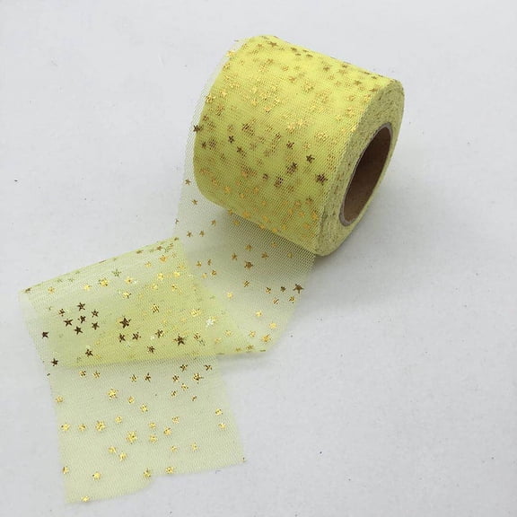 ERDOUY 25 Yards Hot Stamping Moon Stars Fabric Tulle Roll Ribbon 6cm Wide for Decoration Christmas Gift Packing Craft Ribbon for Gift Wrappping Decoration-Yellow