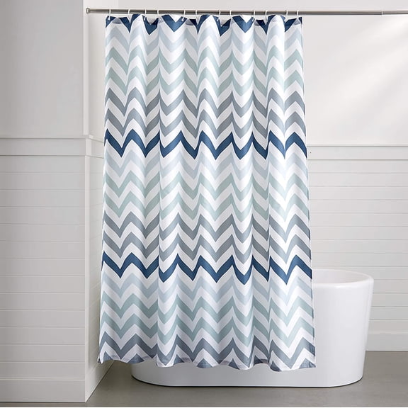 ERDOUY 2pcs Basics Water Resistent Fabric Shower Curtain with Hooks, Machine Washable, Blue Chevron, 70.8''x70.8''