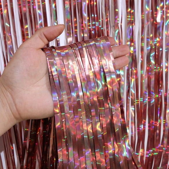 ERDOUY 3 Pack Colorful laser Fringe Curtain Backdrop, 3.3x6.56Ft Sparkle Metallic Tinsel Foil Fringe Background for Photo Booth Birthday Wedding Party Thanksgiving Christmas DecorationsRose Gold