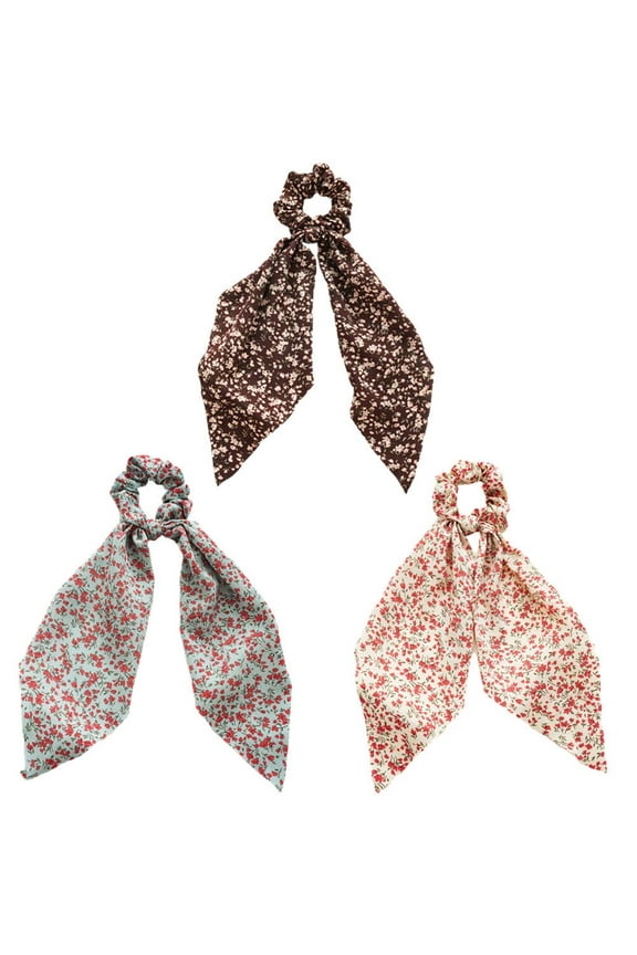 3 Packs Scarf Scrunchies, Polka Dot Daisy Flower Hair Scarf Scarves, Satin Silk Long Tails Scrunchy, Bowknot Hair Bands, Elastics Ponytail Holder, Donut Hair Ties for Women Girls (Style13)